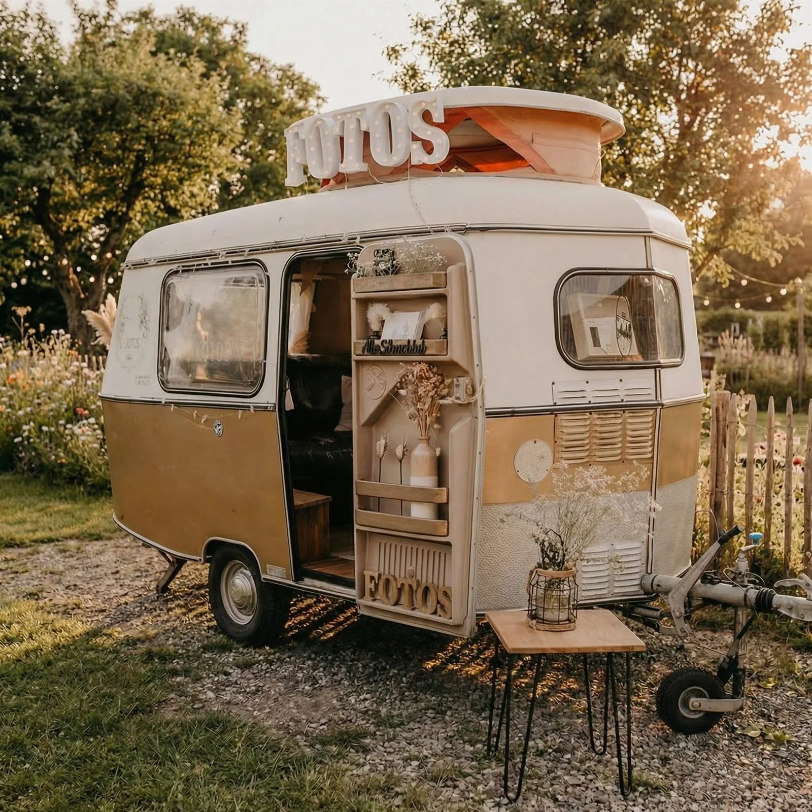 Restaurierte Seitenansicht des Hymer Eriba Puck mit Holz und Chrom